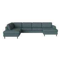 Modern L-shaped sofa in a rich teal color with a smooth, textured fabric finish. Minimalist design with clean lines.