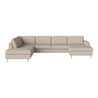 Beige sectional sofa with clean lines and minimalistic design, featuring solid fabric upholstery and light wooden legs.