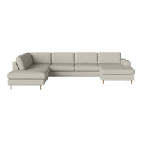 Beige sectional sofa with clean lines and minimalist design, featuring solid light wood legs.