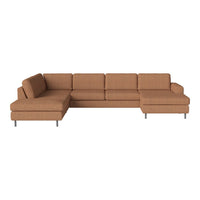 Brown upholstered sectional sofa with a modern design and clean lines, featuring a textured fabric pattern.