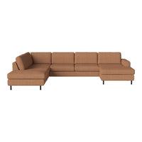 Tan sectional sofa with a textured fabric and sleek black legs, featuring a modern, minimalist design.
