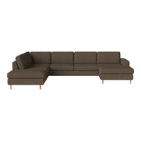Brown sectional sofa with a modern, clean design and solid fabric upholstery, featuring understated lines and wooden legs.