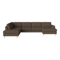 Brown fabric sectional sofa with clean lines and simple pattern, featuring wooden legs for a modern touch.