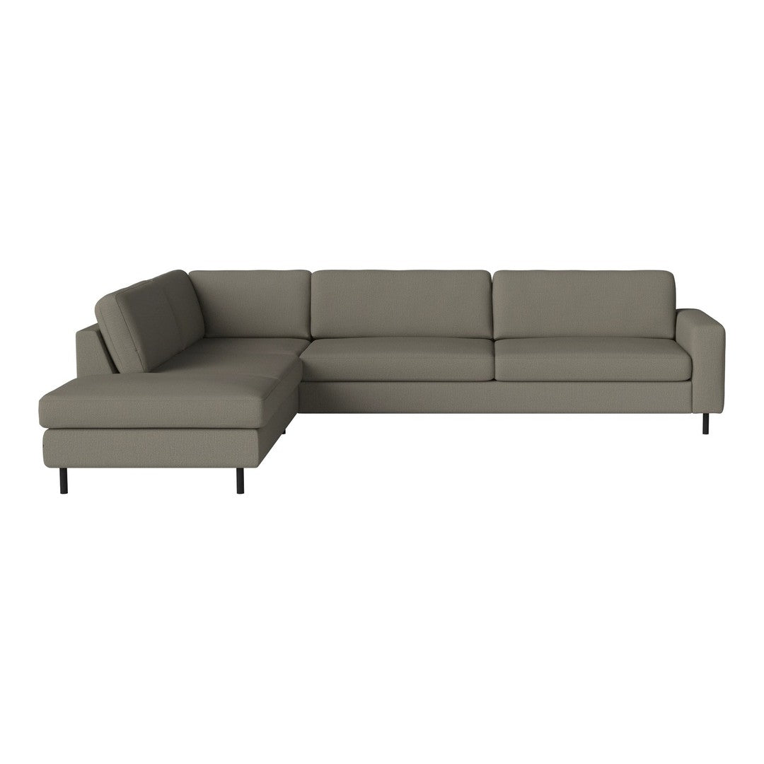 Taupe sectional sofa with smooth, minimalist design and sturdy black legs, perfect for modern living spaces.