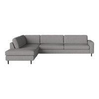 Gray sectional sofa with a smooth, modern fabric and minimalist design, featuring clean lines and a neutral color palette.