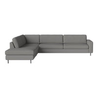 Modern gray sectional sofa with a sleek design and clean lines, featuring smooth fabric upholstery.