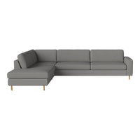 Gray sectional sofa with clean lines and solid color upholstery, featuring natural wood legs. Modern and minimalist design.