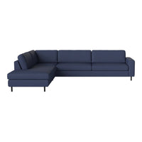 Navy blue sectional sofa with clean lines and smooth fabric design, ideal for modern living spaces.