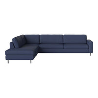 Navy blue sectional sofa with a sleek, modern design and subtle horizontal ribbed pattern.