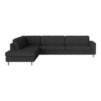 Modern sectional sofa in deep charcoal gray fabric with a sleek, minimalist design. Perfect for contemporary living spaces.