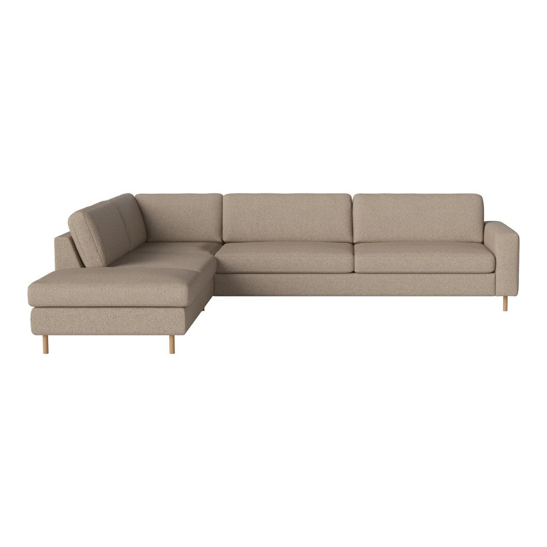 Beige fabric sectional sofa with sleek lines and wooden legs, perfect for modern living spaces.