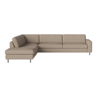 Beige sectional sofa with a simple, modern design and smooth fabric texture. Perfect for contemporary living spaces.