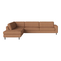 Brown sectional sofa with a modern design and clean lines, featuring a textured fabric upholstery.