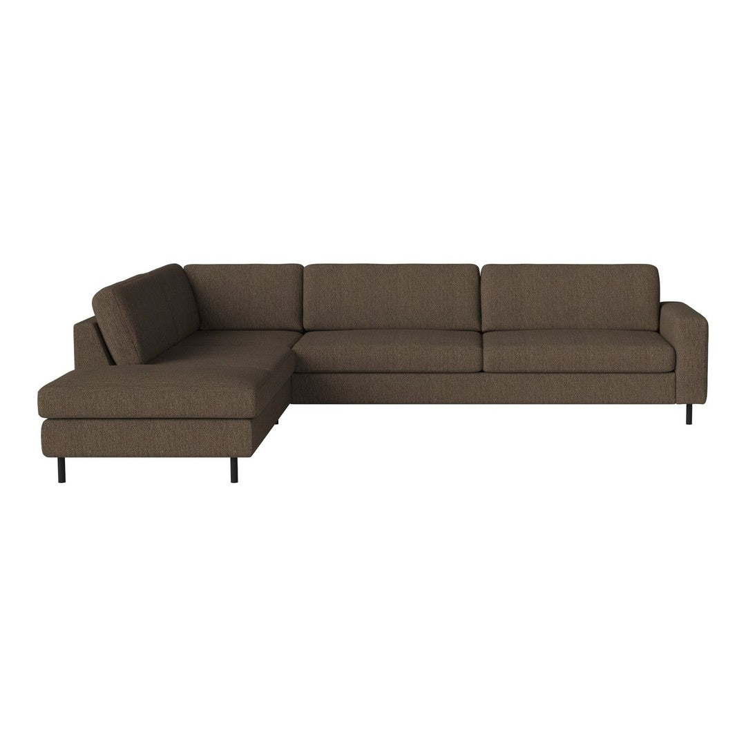 Brown sectional sofa with a modern design and clean lines, featuring a solid fabric pattern and black metal legs.