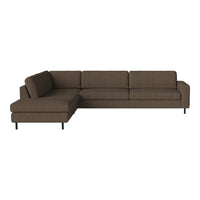 Brown sectional sofa with a modern design and clean lines, featuring a solid fabric pattern and black metal legs.