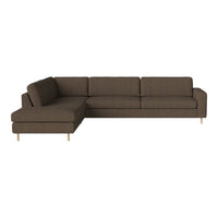 Brown sectional sofa with a modern design and subtle texture, featuring clean lines and wooden legs.