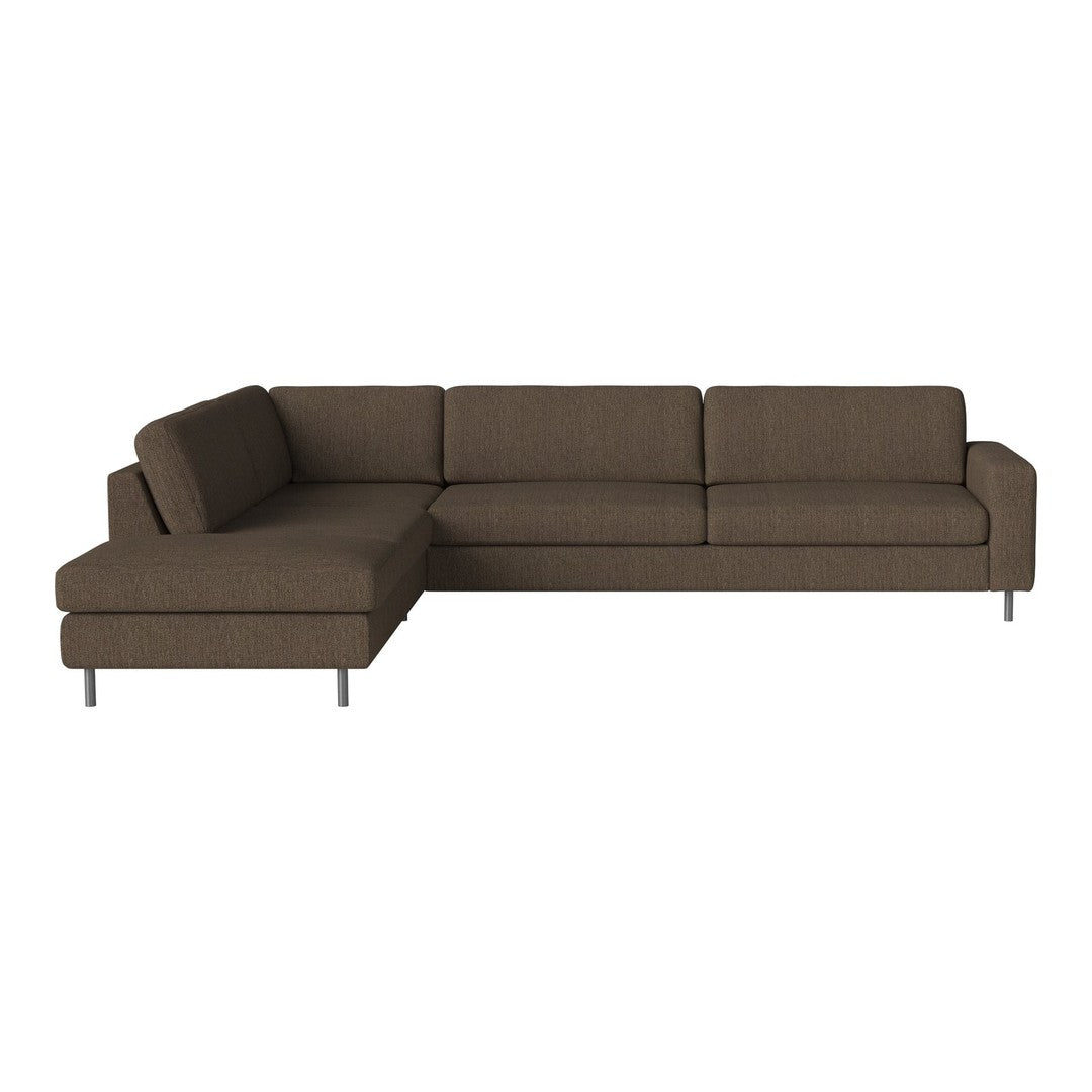 Brown upholstered sectional sofa with a modern design and sleek metal legs, featuring a subtle textured pattern.