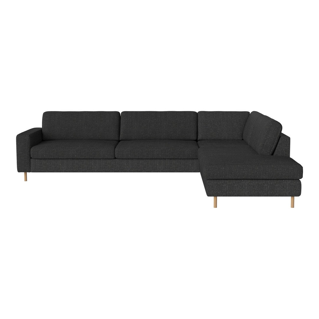 Dark gray sectional sofa with clean lines and a subtle textured pattern. Features wooden legs for a modern touch.