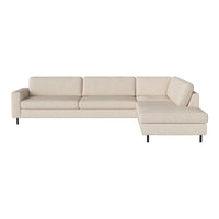 Beige sectional sofa with a smooth, modern design and subtle texture, featuring clean lines and black legs.