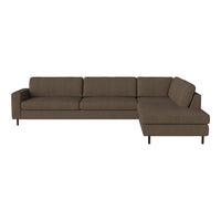 Brown sectional sofa with a textured fabric finish and sleek black metal legs. Perfect for modern living spaces.