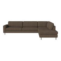 Modern L-shaped sofa in rich brown fabric with a sleek, minimalist design and clean lines. Perfect for contemporary decor.