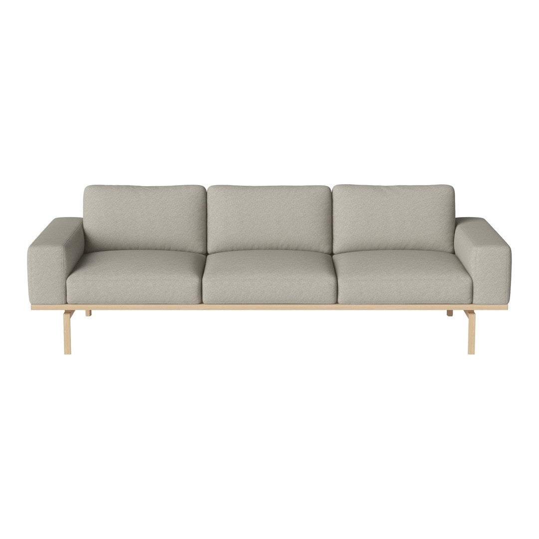 Light gray three-seater sofa with a smooth fabric texture and a minimalist wooden frame. Perfect for modern decor.