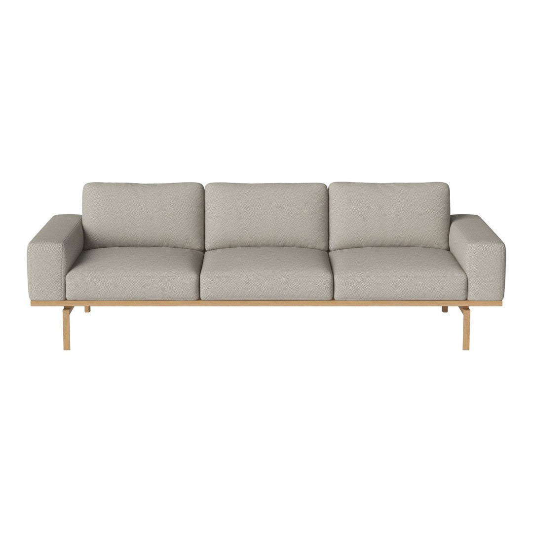 Light gray three-seater sofa with a minimalist design and wooden legs, featuring a smooth, solid fabric texture.