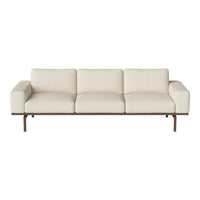 Stylish beige sofa with smooth upholstery and a minimalist design, featuring a sleek metal frame.