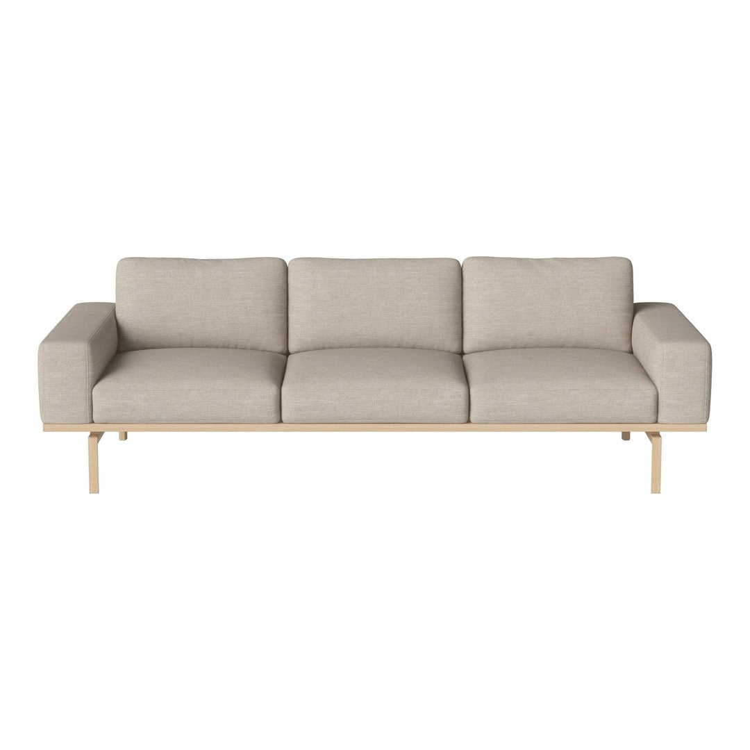 Light beige three-seater sofa with a minimalist design and textured upholstery, featuring a wooden frame.