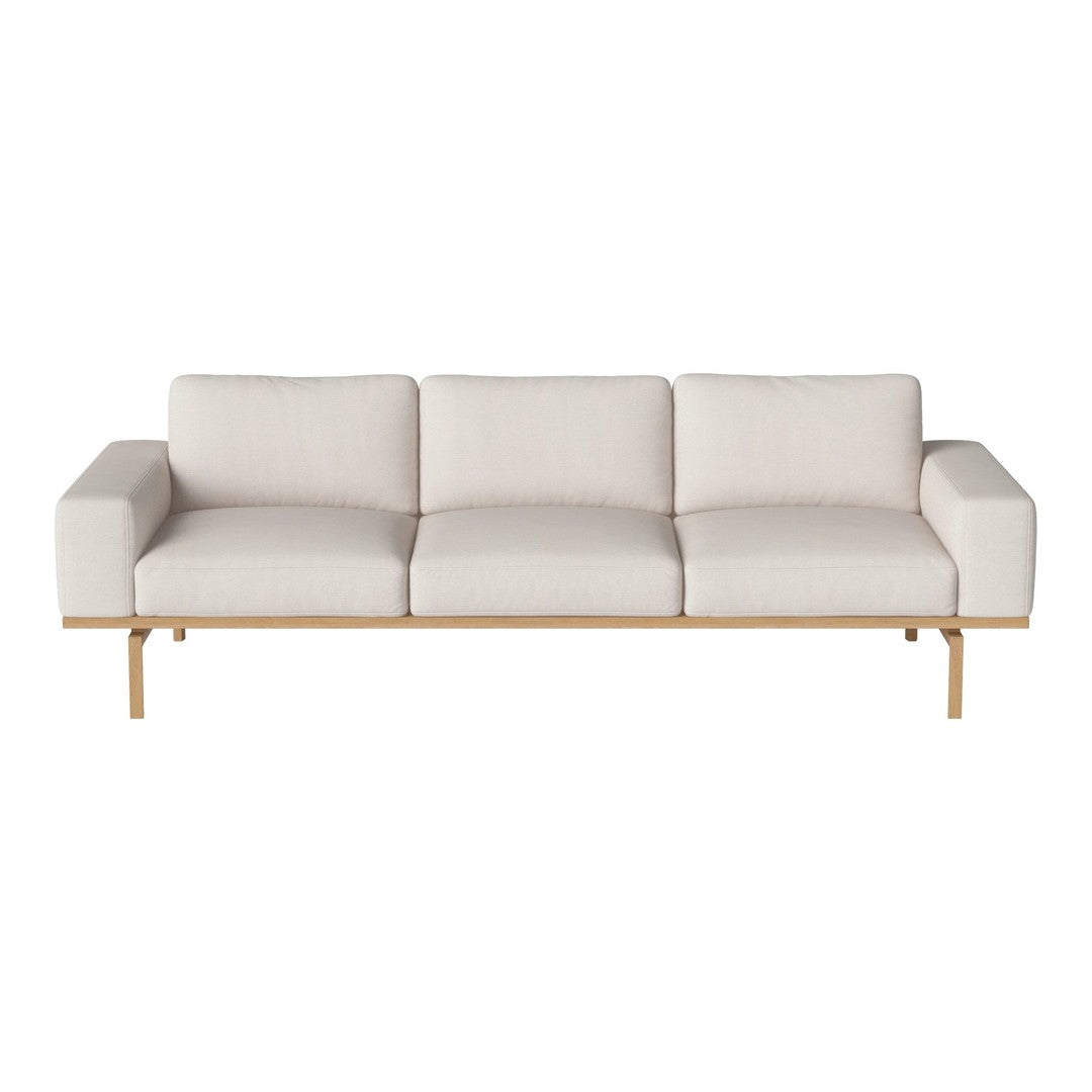 Light beige fabric sofa with a clean, modern design and natural wood legs. Perfect for minimalist decor.