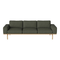 Sleek green fabric sofa with a modern design and natural wood legs, perfect for contemporary living spaces.