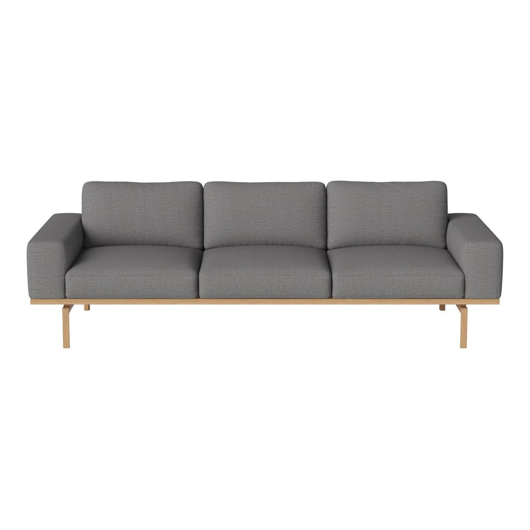 Gray three-seater sofa with textured fabric and light wooden frame, perfect for modern living spaces.