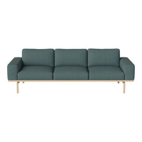 Teal three-seater sofa with a textured fabric and light wood base, offering a modern, minimalist design.