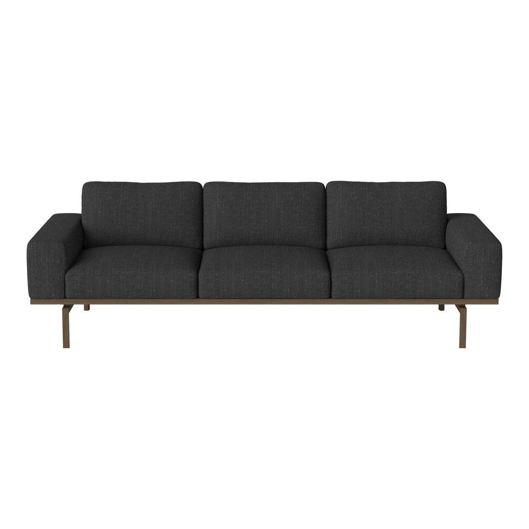 Modern dark gray sofa with clean lines, featuring solid black cushions and a sleek wooden base. Perfect for contemporary decor.