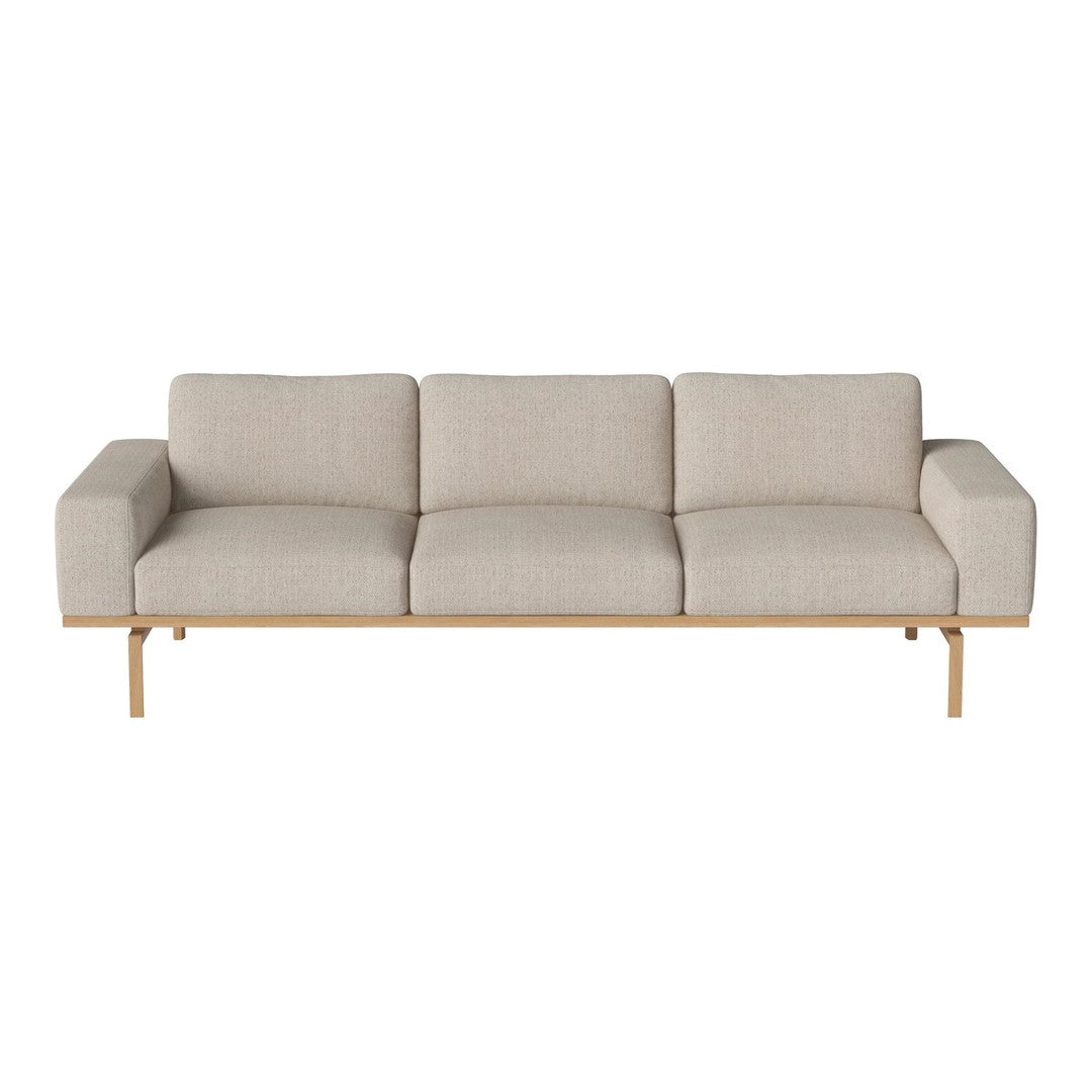 Light beige linen sofa with a minimalist design and natural wood frame, perfect for modern interiors.