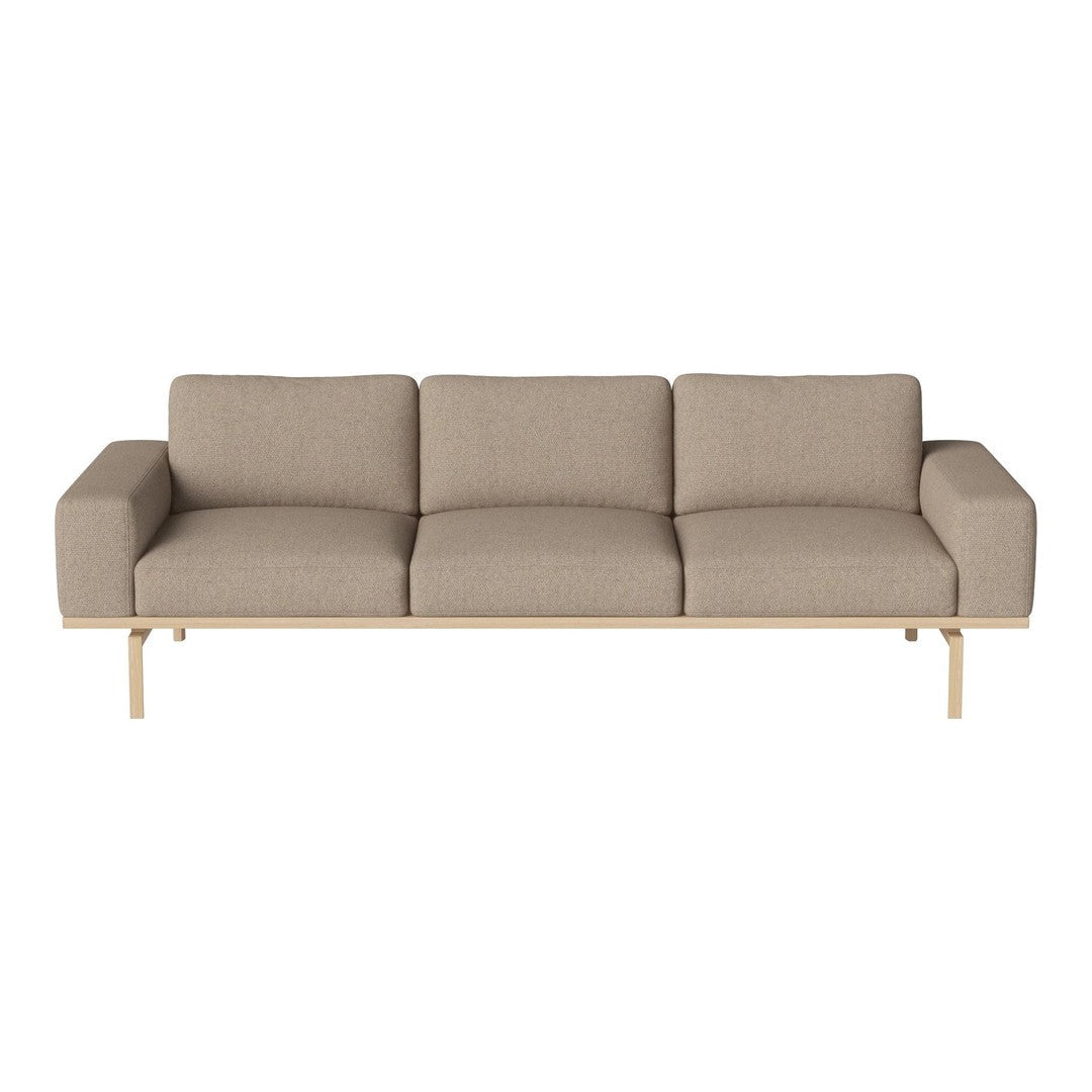 Beige upholstered sofa with smooth fabric and natural wood legs, featuring a minimalist design and clean lines.