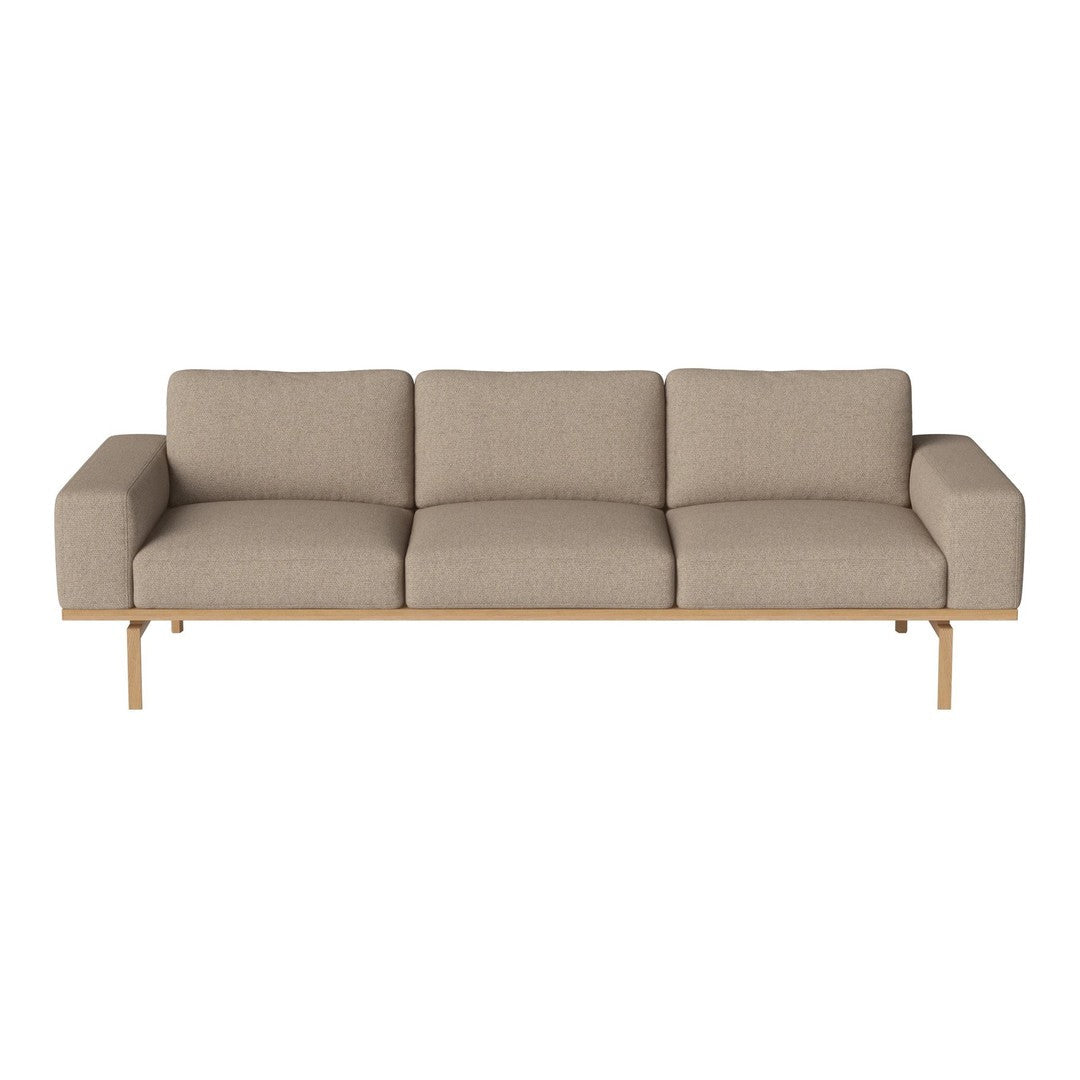 Beige three-seater sofa with textured fabric and light wooden legs, perfect for modern living spaces.