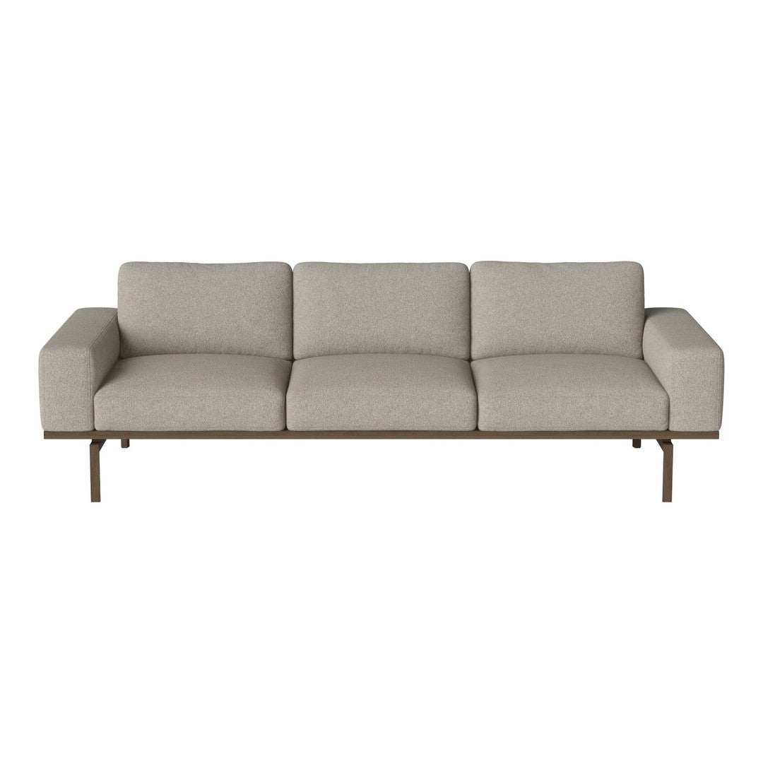 Light gray fabric sofa with clean lines and a minimalist design, featuring three cushions and a sleek metal frame.