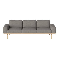 Gray fabric sofa with a minimalist design and natural wood legs, featuring clean lines and no patterns.