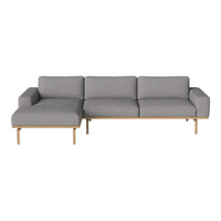 Gray upholstered sectional sofa with a sleek wooden base, featuring clean lines and a minimalist design.