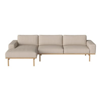 Beige sectional sofa with clean lines and a minimalist design, featuring a solid wood frame and soft cushion upholstery.