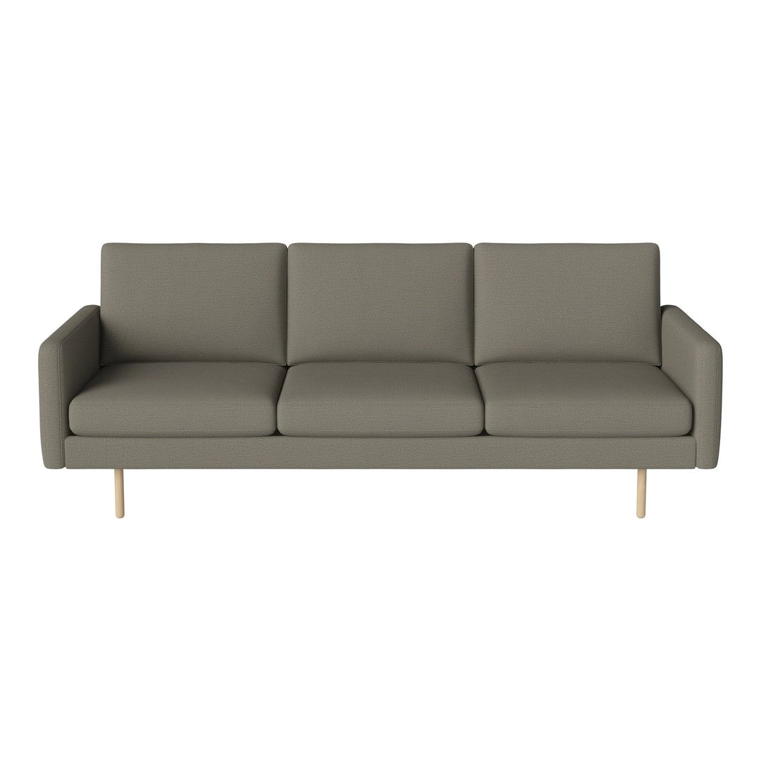 Stylish gray three-seater sofa with clean lines and wooden legs, perfect for modern living spaces.