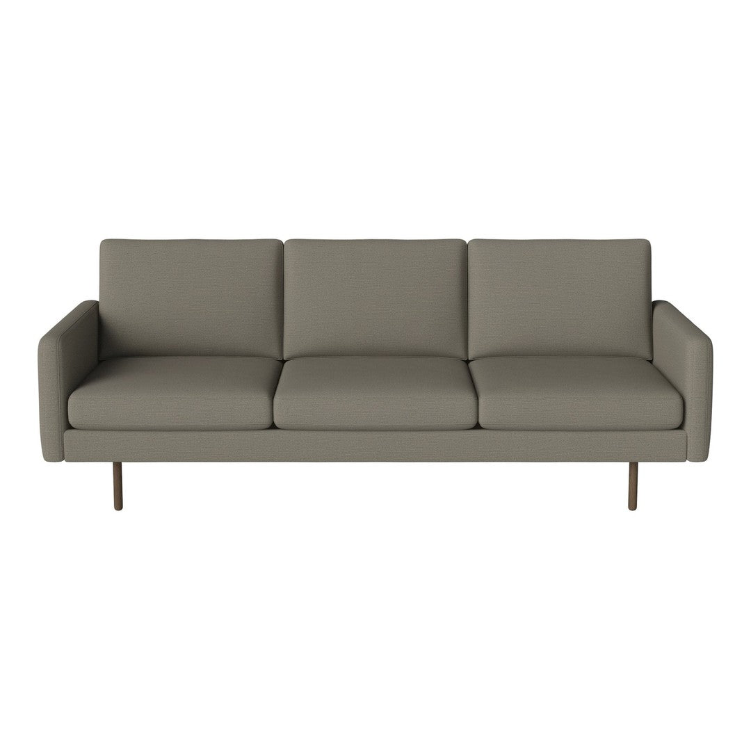 Modern gray sofa with a sleek design and clean lines, featuring solid fabric upholstery and minimalistic wood legs.