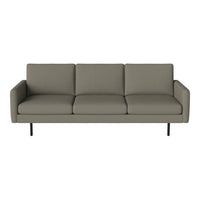 Modern three-seater sofa in muted gray fabric with clean lines and solid black legs. Perfect for contemporary decor.