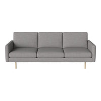 Gray three-seater sofa with minimalist design and wooden legs, featuring a smooth, fabric texture.