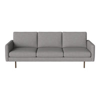 Gray three-seater sofa with clean lines and smooth fabric, featuring subtle texture and minimalistic design.
