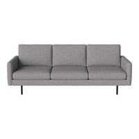 Gray modern sofa with a minimalist design and sleek lines, featuring a solid color fabric and black metal legs.