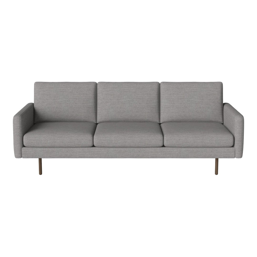 Modern gray sofa with a minimalist design and smooth fabric upholstery, featuring straight lines and subtle texture.