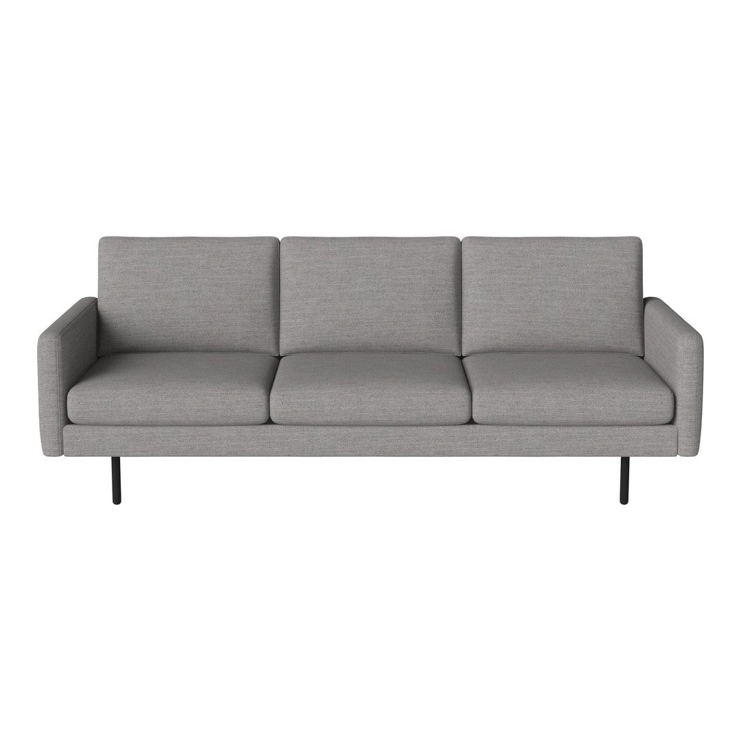 Modern gray three-seater sofa with clean lines and a minimalist design, featuring a solid fabric texture.