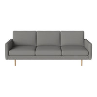 Gray upholstered sofa with a minimalist design and wooden legs, featuring a smooth, solid color pattern.
